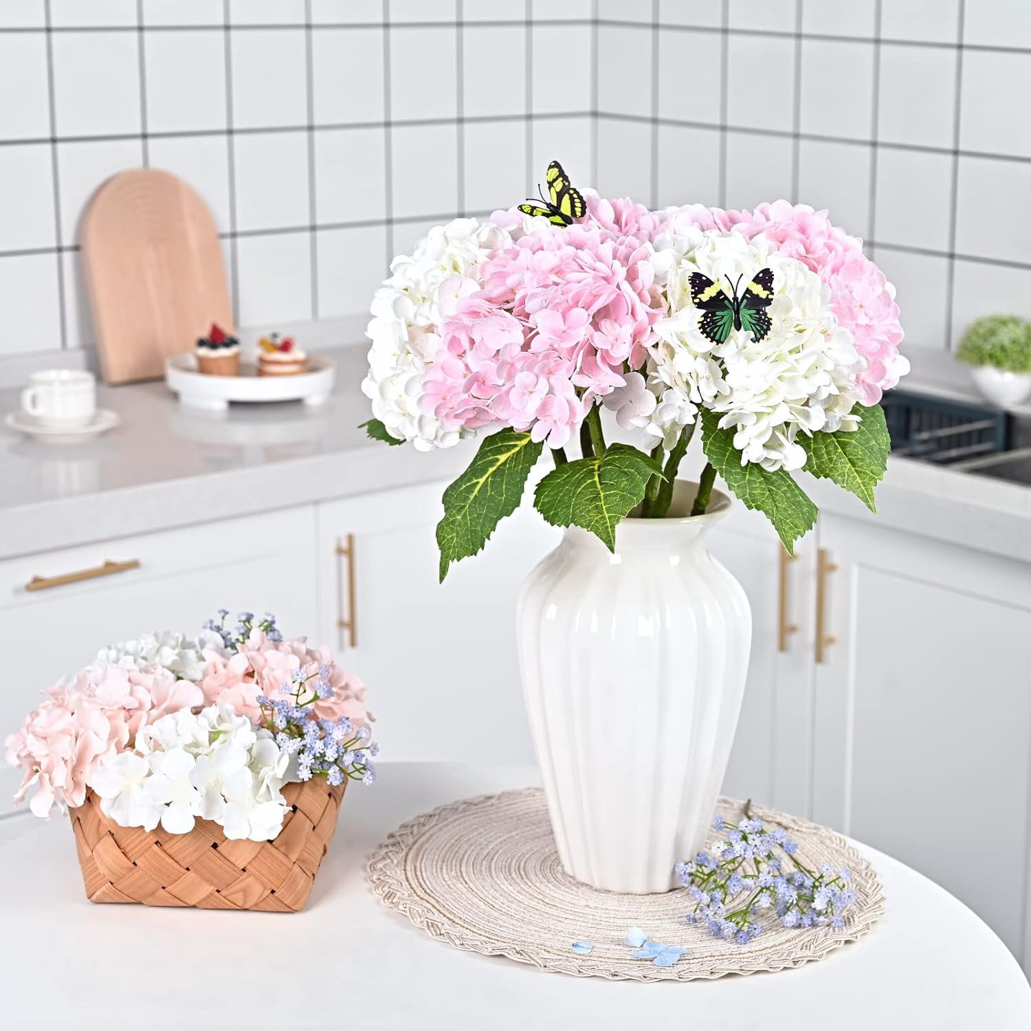 Real Touch Hydrangea Artificial Flowers with Long Stem & Leaves, Full Latex Faux Hydrangea Flowers for Home Decor Party Floral Arrangements Wedding Bouquets Centerpieces(Pink, 3Pcs)