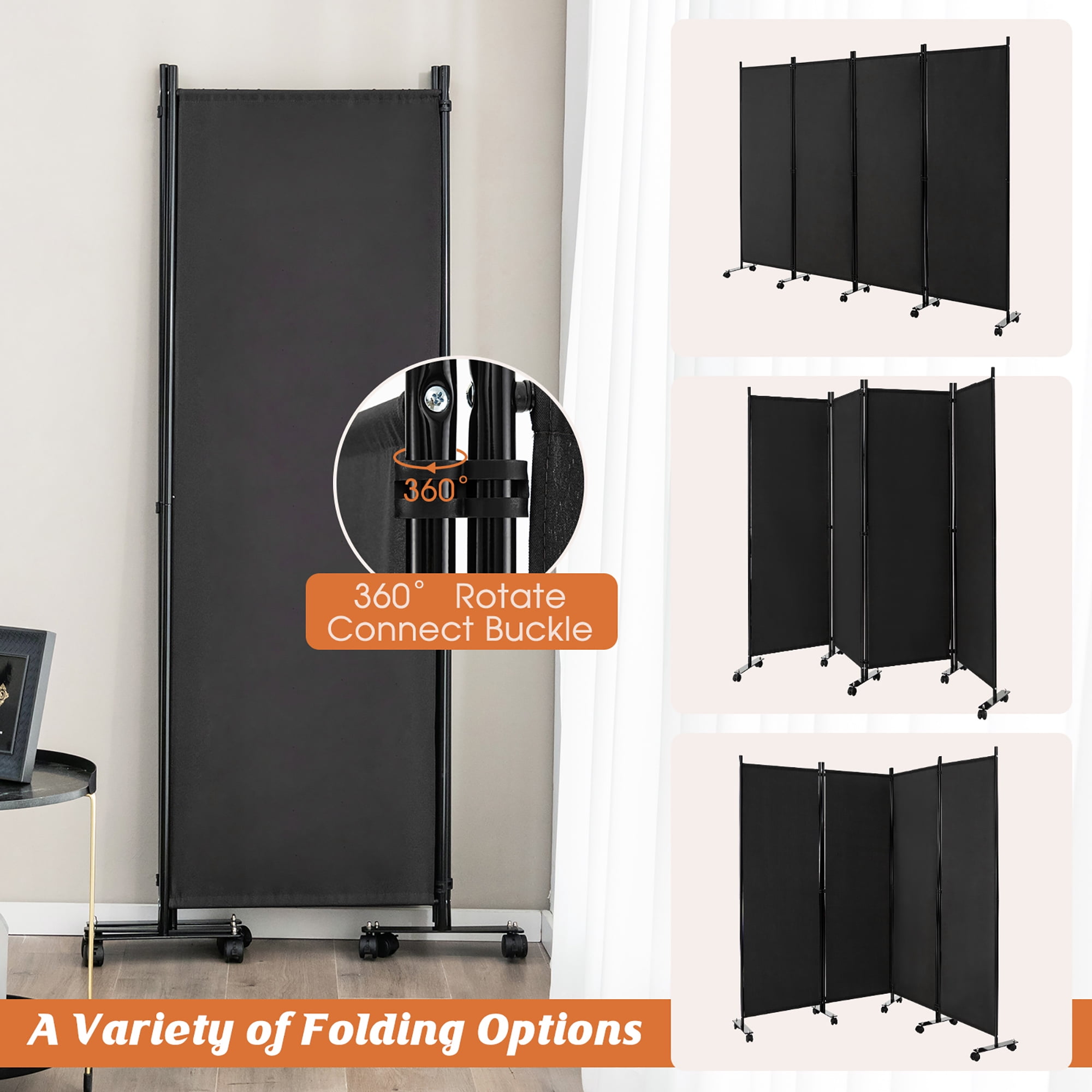 Costway 4-Panel Folding Room Divider 6FT Rolling Privacy Screen with Lockable Wheels Black