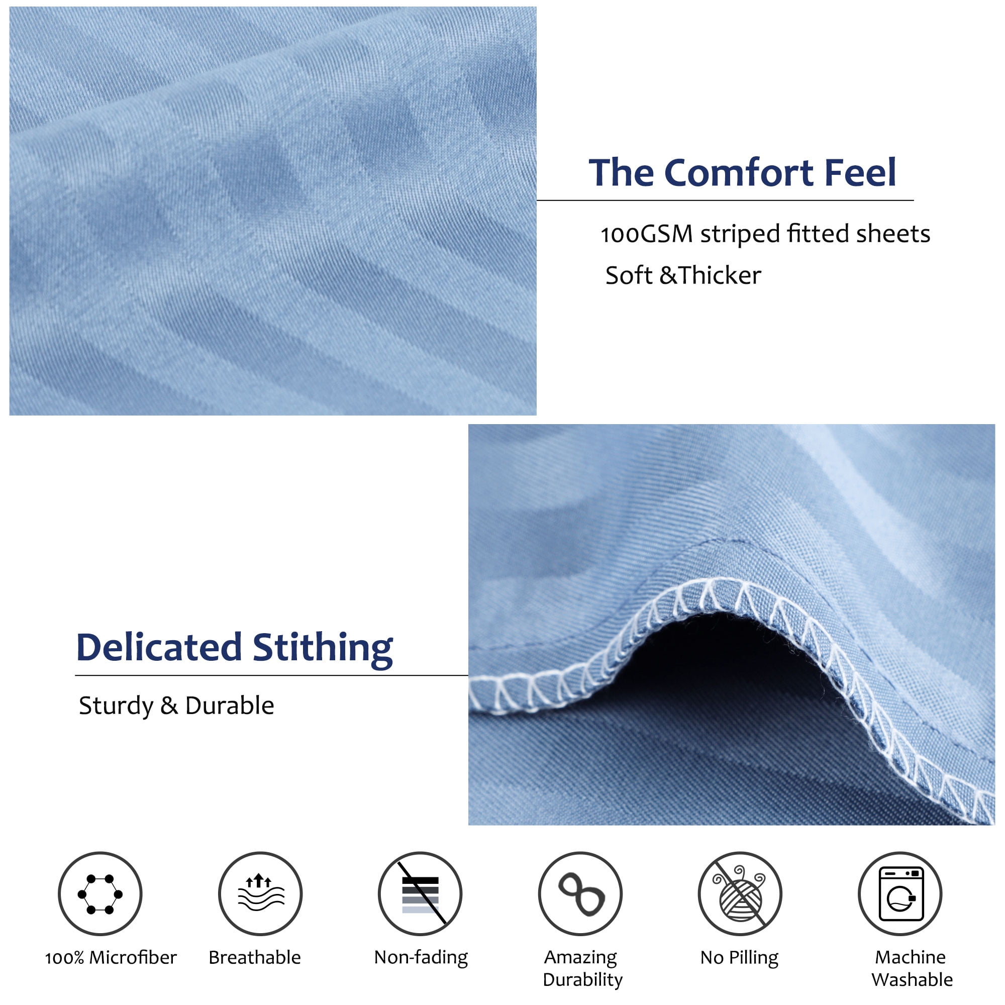 Unique Bargains Soft 100GSM Striped 16 Inch Deep Pocket Fitted Sheets Twin Steel Blue