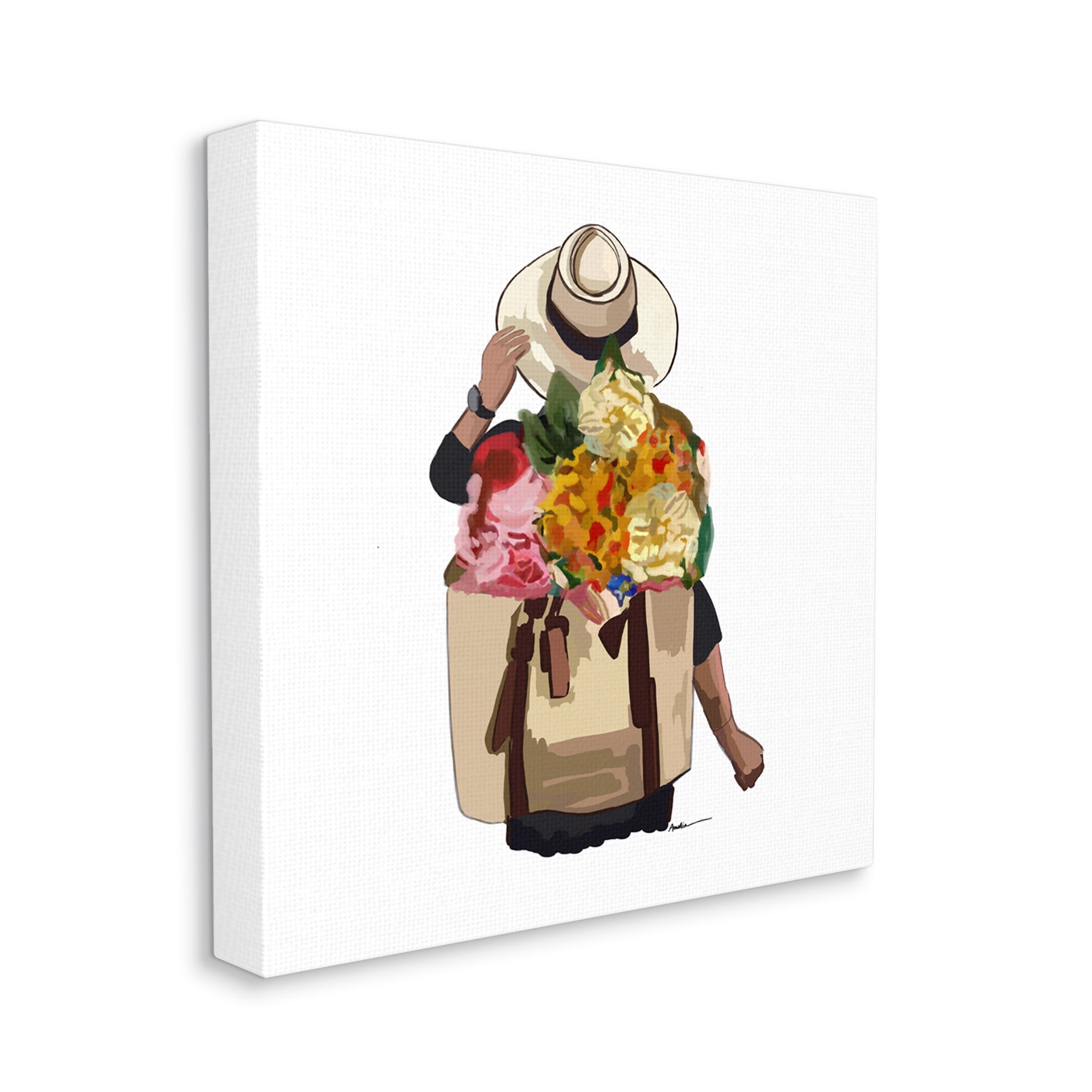 Stupell Industries Floral Backpack Mixed Blooms Summertime Sun Hat Graphic Art Gallery Wrapped Canvas Print Wall Art, Design by Amelia Noyes