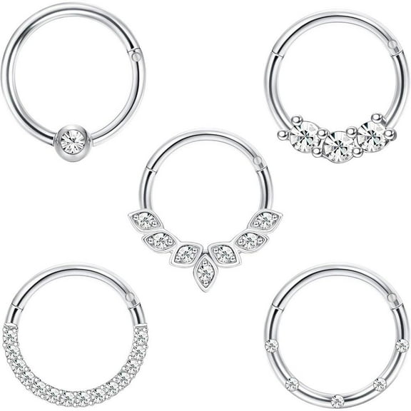 5PCS Daith Earrings 16G Stainless Steel Cartilage Helix Tragus Nose Hoop Piercing Jewelry 8MM 10mm Silver Gold Rose Gold Black Plated CZ Hinged Septum Clicker Rings