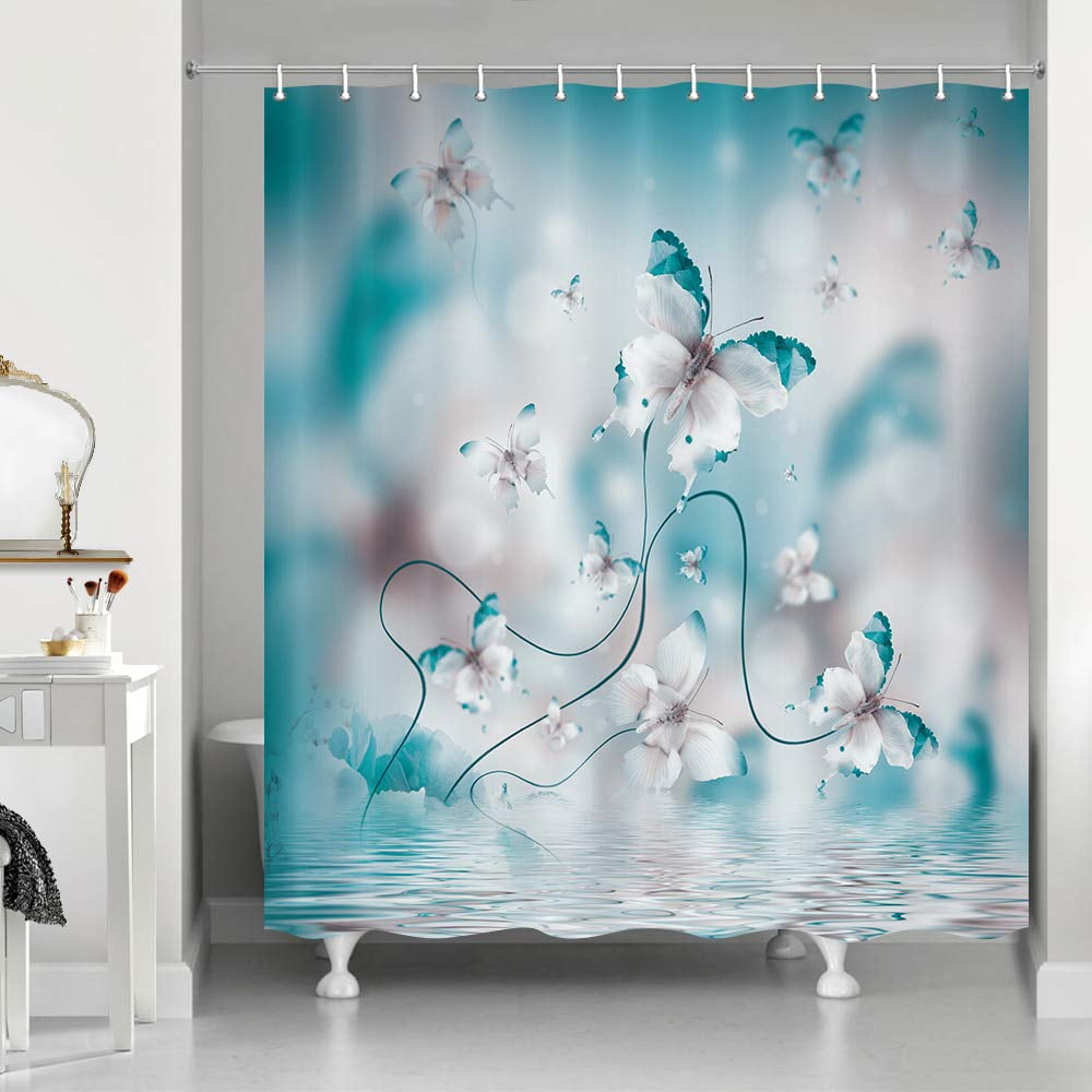 Teal Butterfly Shower Curtain, Butterfly in Spring with Irises Flowers Fabric Shower Curtain, Blue Floral Flower Polyester Fabric Waterproof Bathroom Curtains, 12 Hooks Included 69x70inches