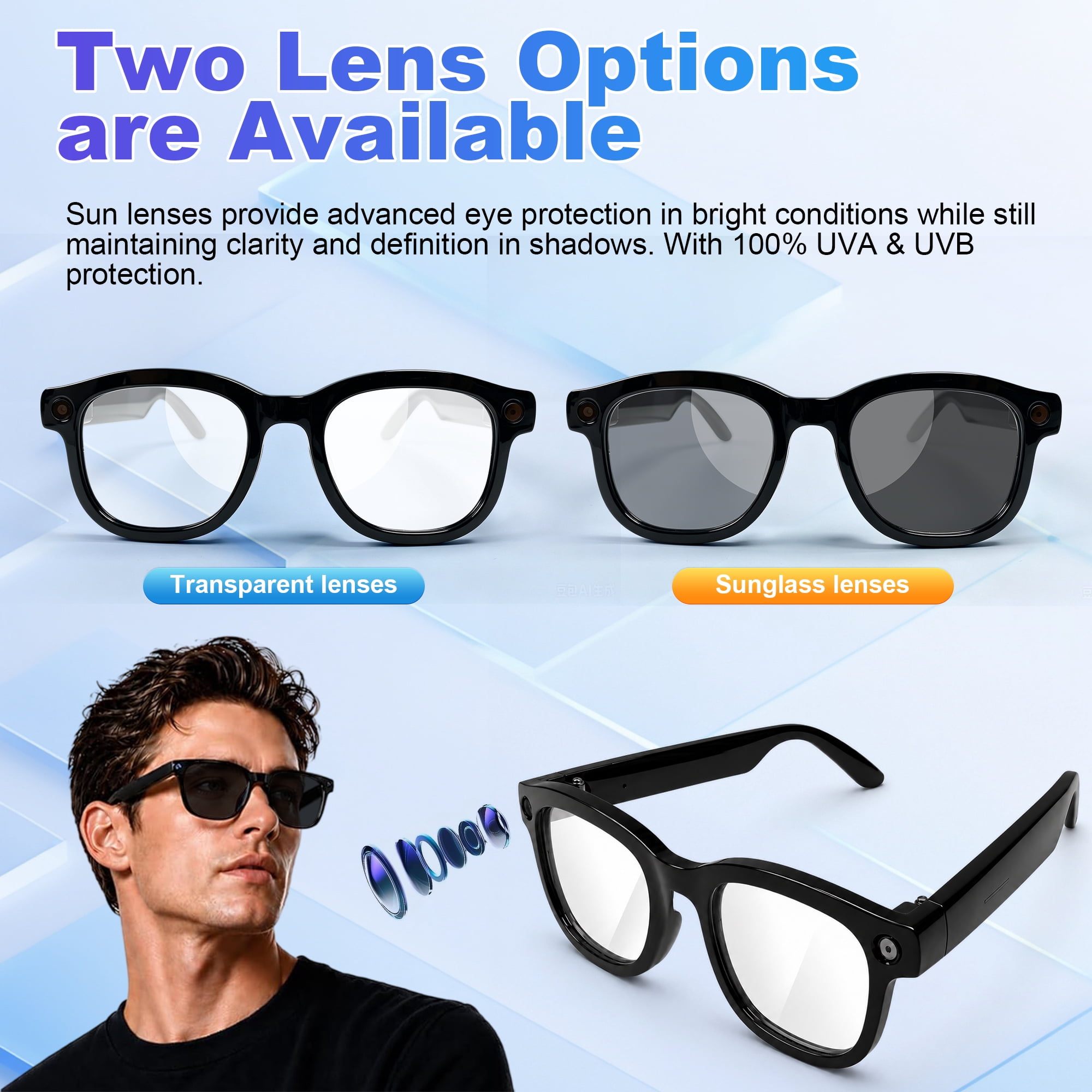 CamelParty AI Smart Glasses with Camera and Bluetooth, Recording Sunglasses with Voice Assistant, WI-FI, Real-Time Translation, Hands-Free Calls & Music