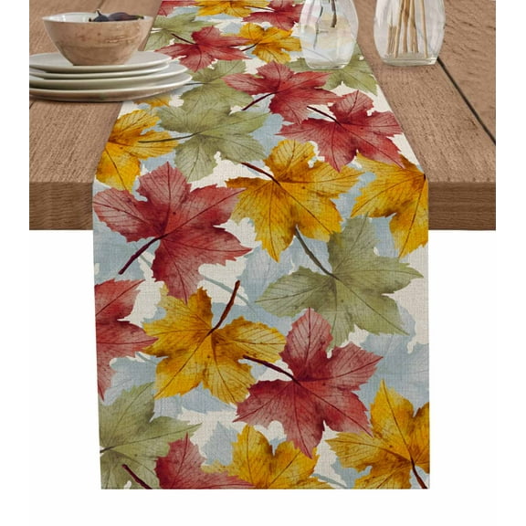 Sage Green Yellow Red Maple Burlap-Cotton Table Runner 70 Inches Long,Fall Thanksgiving Leaves Country Beige Farmhouse Table Runners,Outdoor Dining Tablecloths for Baby Shower Party Wedding 13x70