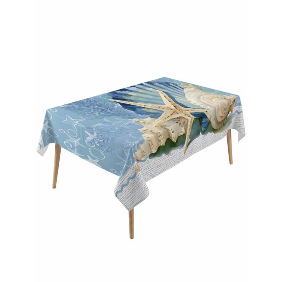 Blue Coastal Starfish Rectangle Tablecloth, Vintage Grey Nautical Coral Summer Waterproof & StainResistant Tablecloth, Washable Oil-proof Table Cover for Dining/Party/Wedding/Camping/Buffet 60x120 In