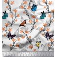 thumbnail image 1 of Soimoi White Modal Satin Fabric Flower & Butterfly Print Sewing Fabric BTY 42 Inch Wide, 1 of 5