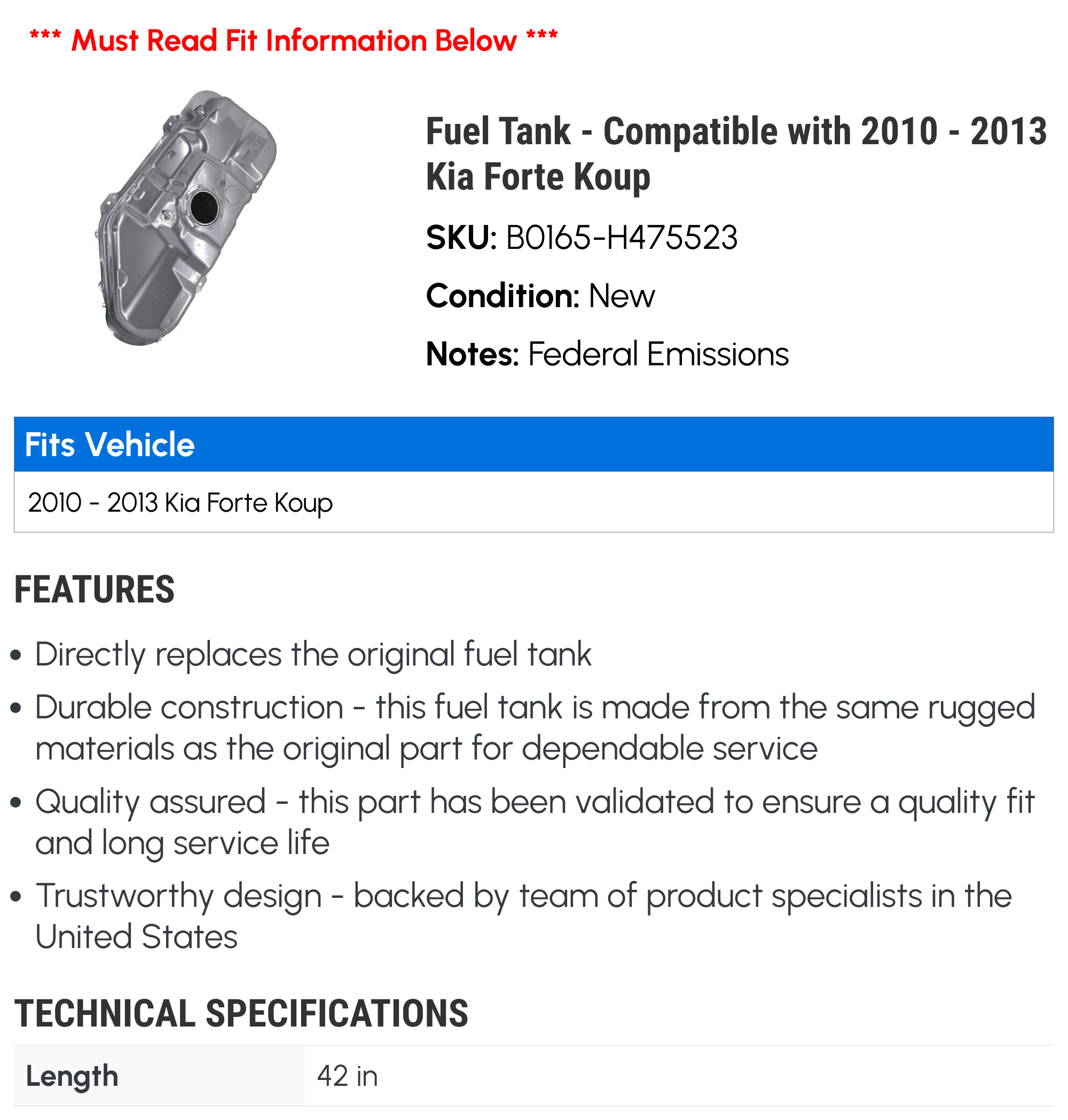 Fuel Tank - Compatible with 2010 - 2013 Kia Forte Koup - Dorman