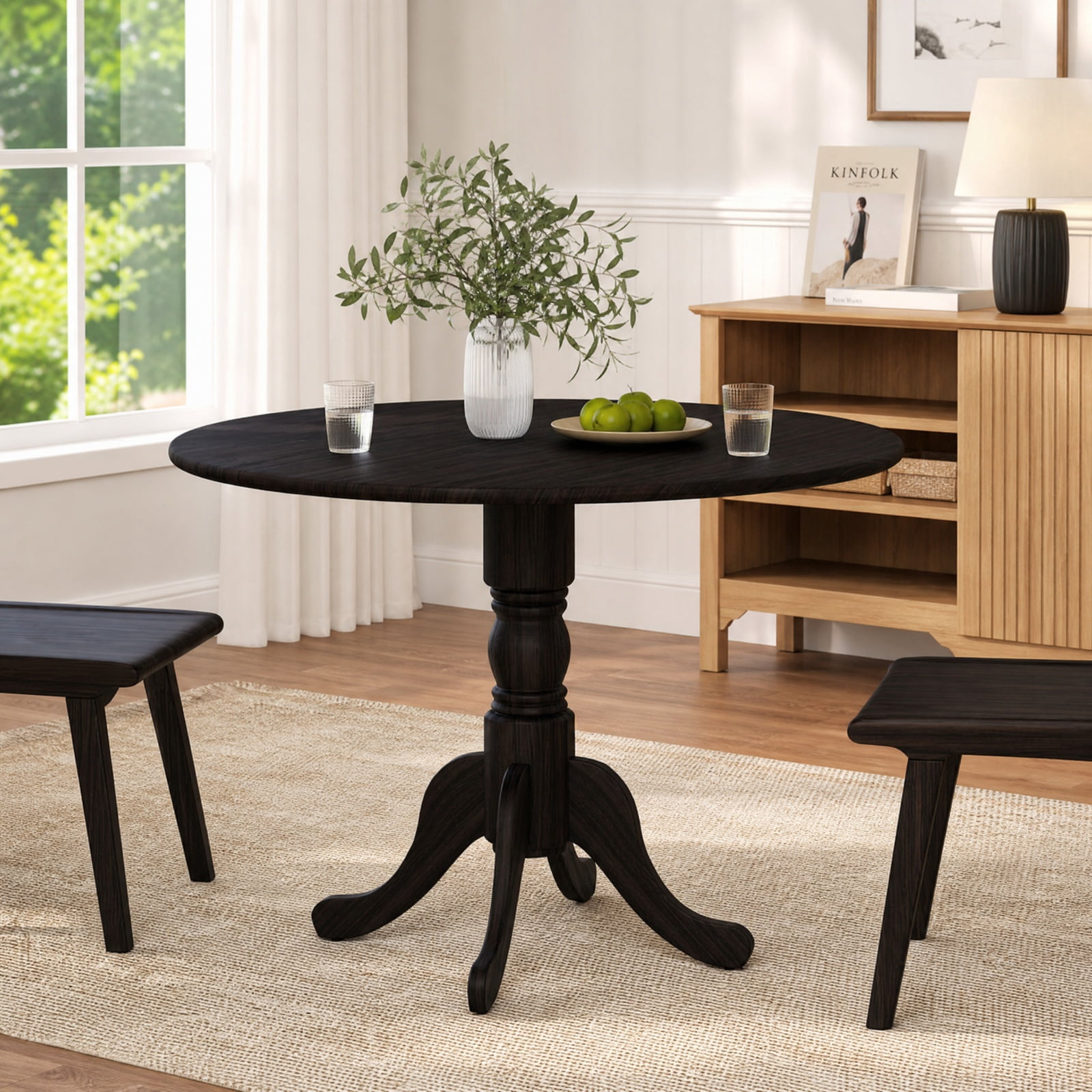 Furnibear Wooden Round Dining Table for 4 with Curved Trestle Legs and Adjustable Foot Pads for Kitchen and Dining Room, Black