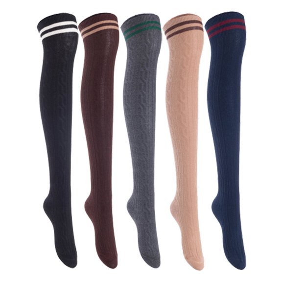 Lian Lifestyle Women's 5 Pairs Incredible Durable Super Soft Unique Over Knee High Thigh High Cotton Socks, Size US 6-9, JMYP1023 Black, Coffee, Dark Gray, Khaki, Navy