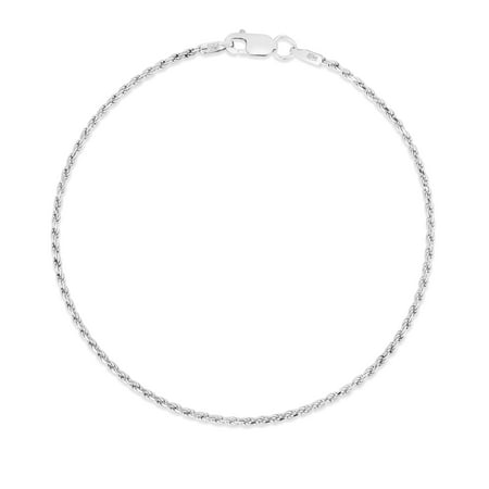 14K White Gold 7in 2mm Solid Diamond Cut Rope Chain Bracelet with Lobster Clasp