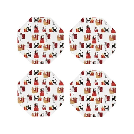 

Junzan Cute Cat And Christmas Gift Print Coasters for Drinks - Leather Coasters Set of 4 for Coffee Table for Housewarming/Kitchen/Bar/Decor-Octagon