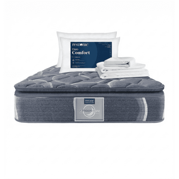 Colchon Matrimonial Restonic Ortopedico Confort Plus + 2 Almohadas Restonic + Sabanas blancas