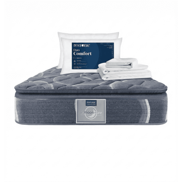 Colchon Matrimonial Restonic Ortopedico Confort Plus + 2 Almohadas Restonic + Sabanas blancas