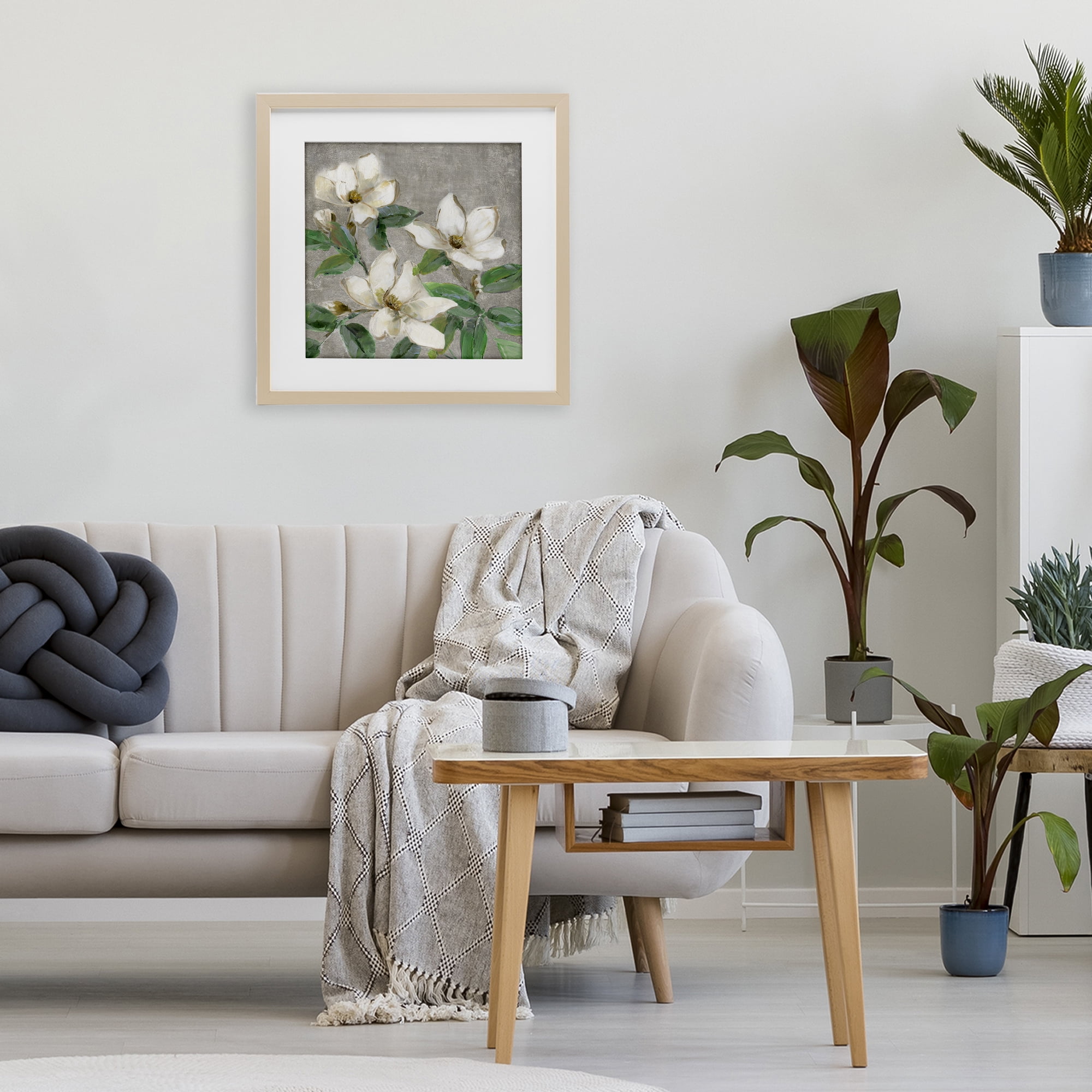 Stupell Industries Ivory Magnolias on Grey Birch Framed Print Under Glass, design by Sally Swatland