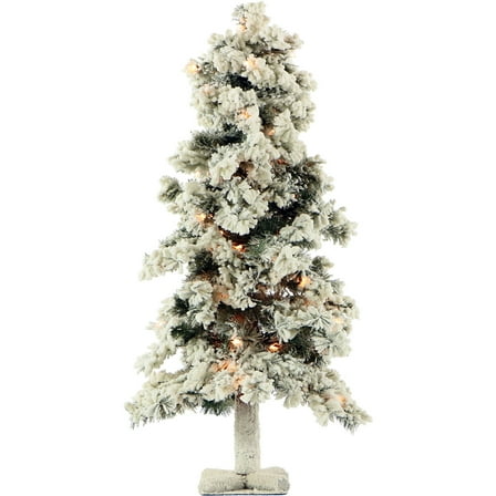 Fraser Hill Farm 6.0-Ft Snowy Alpine Snow Flocked Christmas Tree with Lifelike Trunk Base and Clear Lights