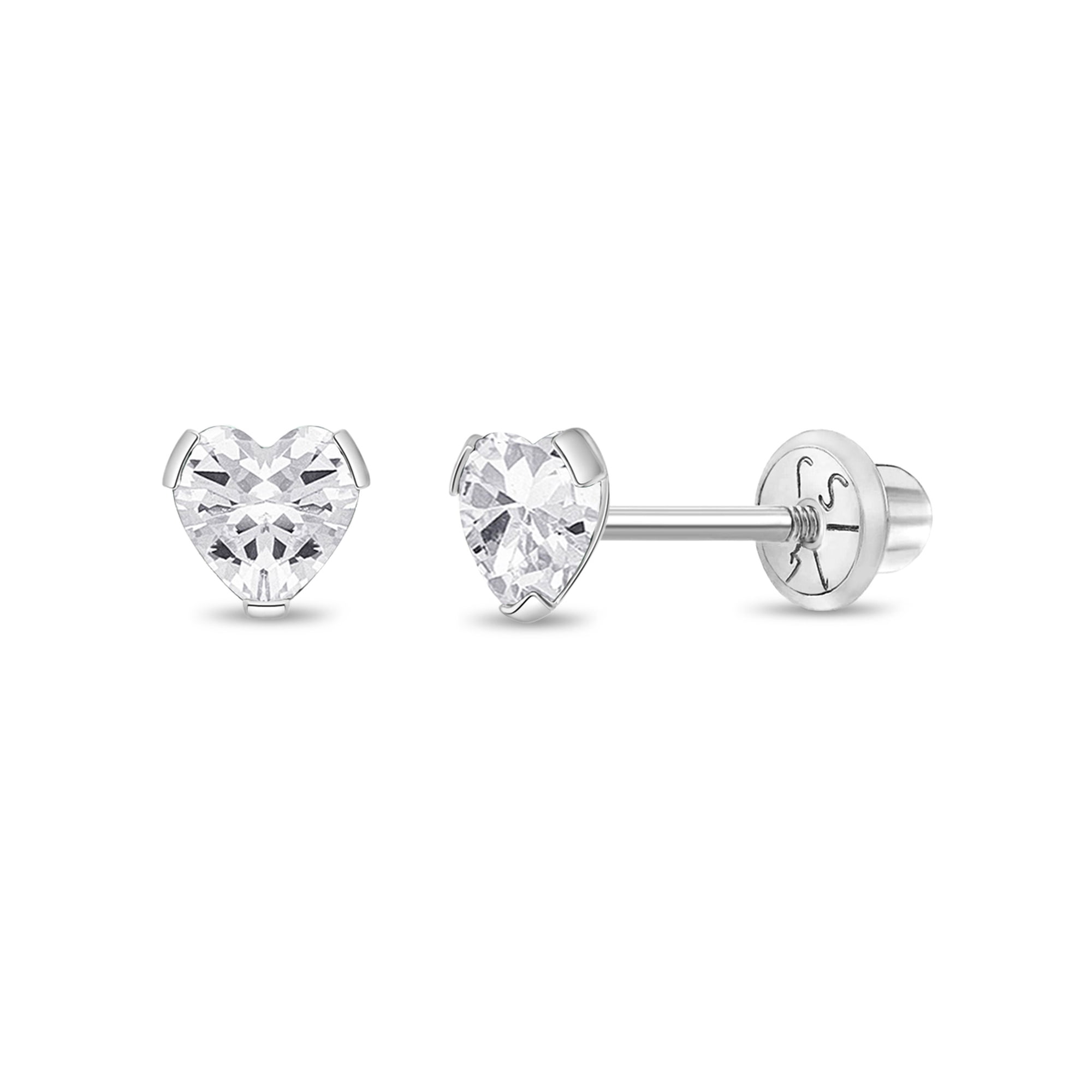 Delicate Simulated Diamond Heart Girls Earrings Screw Back - 14k White Gold