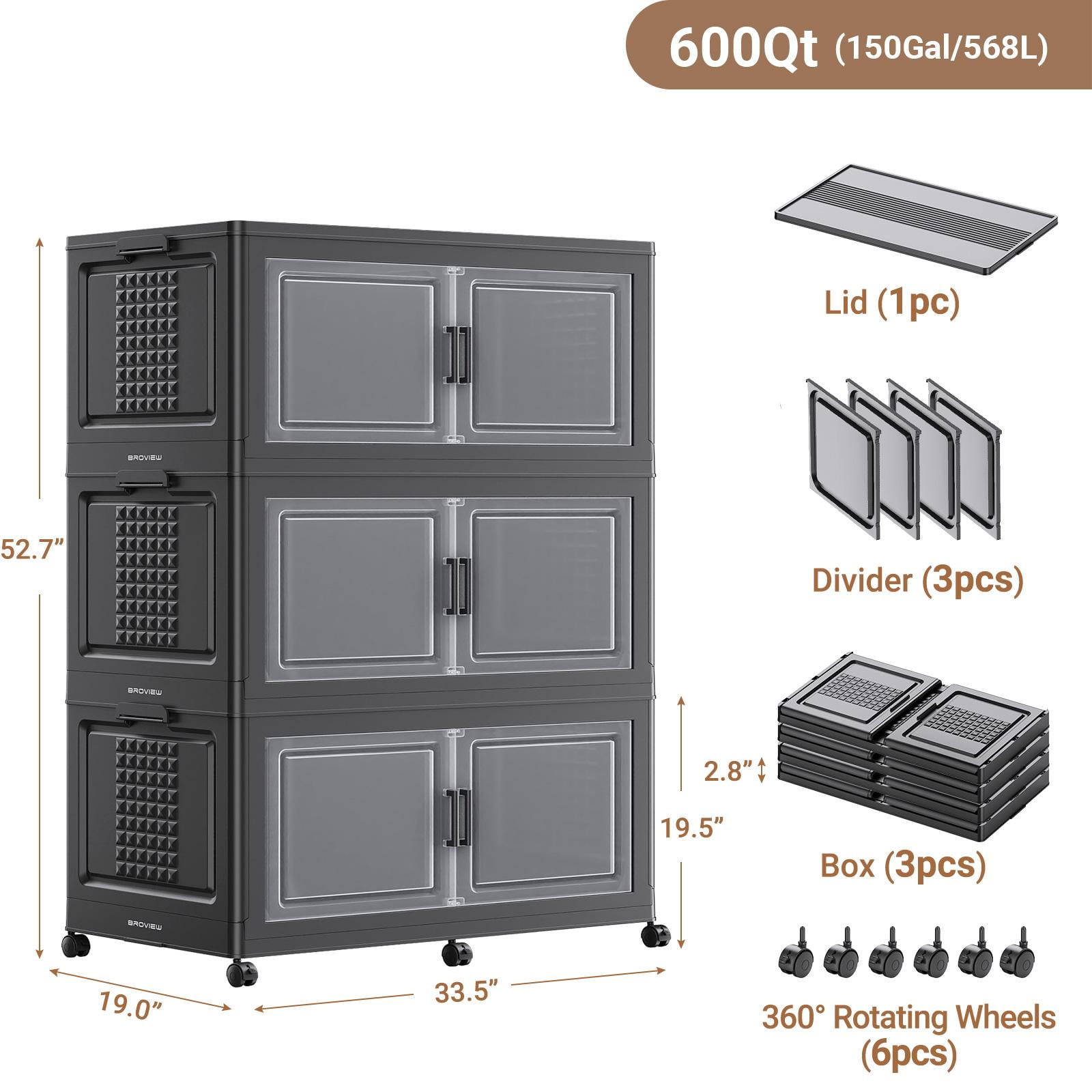 BROVIEW Stackable Storage Bins 150Gal Extra Large, Collapsible Plastic Closet Organizers Cabinet for Home, Lid, Wheels, Doors, Dividers, 3-Pack Black