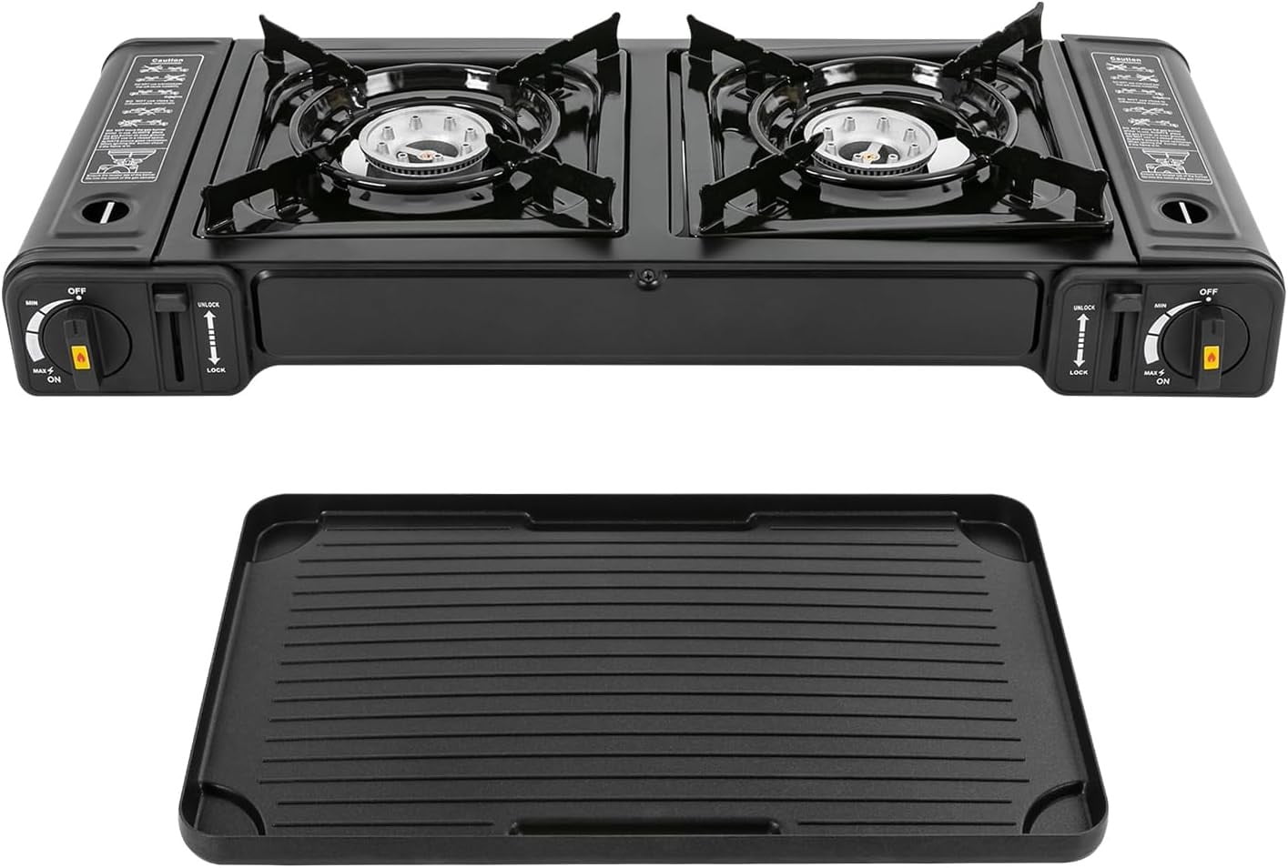 Portable Butane Camping Stove 2 Burners Gas Stove with Grill Tray and Storage Case Double Auto Ignition Cooktop Camping Burner for Home, Camping, Outdoor, Rv