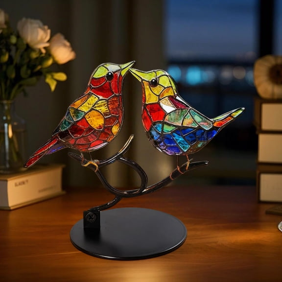 Birds on a Branch, Stained Glass Birds on Branch Desk Ornaments Acrylic Colorful Birds Ornament Multicolor Hummingbird Craft Statue Bird Figurines Sculpture for Home Decor