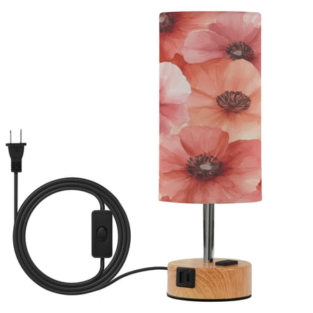 Touch Control Table Lamp with Wood Grain Metal Base 3 Color Temperature Adjustable LED Eye Caring Desk Lamp for Bedroom Study Red Flower