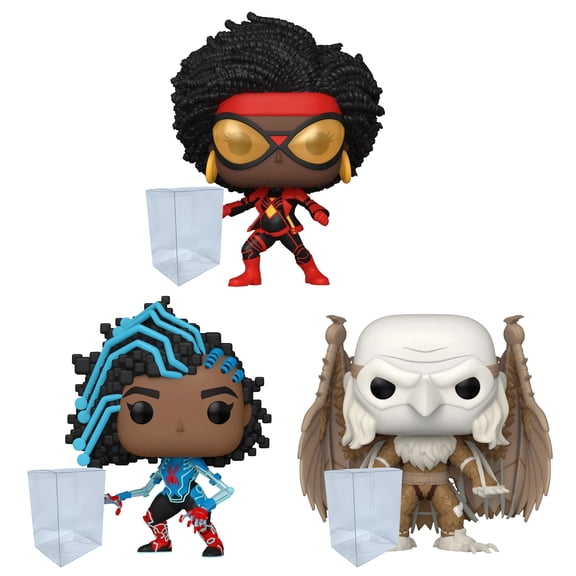 Across the Spider-Verse Funko Pop Set of 3 with Protector Bundle - Includes Spider-Woman #1228, Spider-Byte #1229, Medieval Vulture #1230 Figures with Blue Salamander Emporium Plastic Protector Cases
