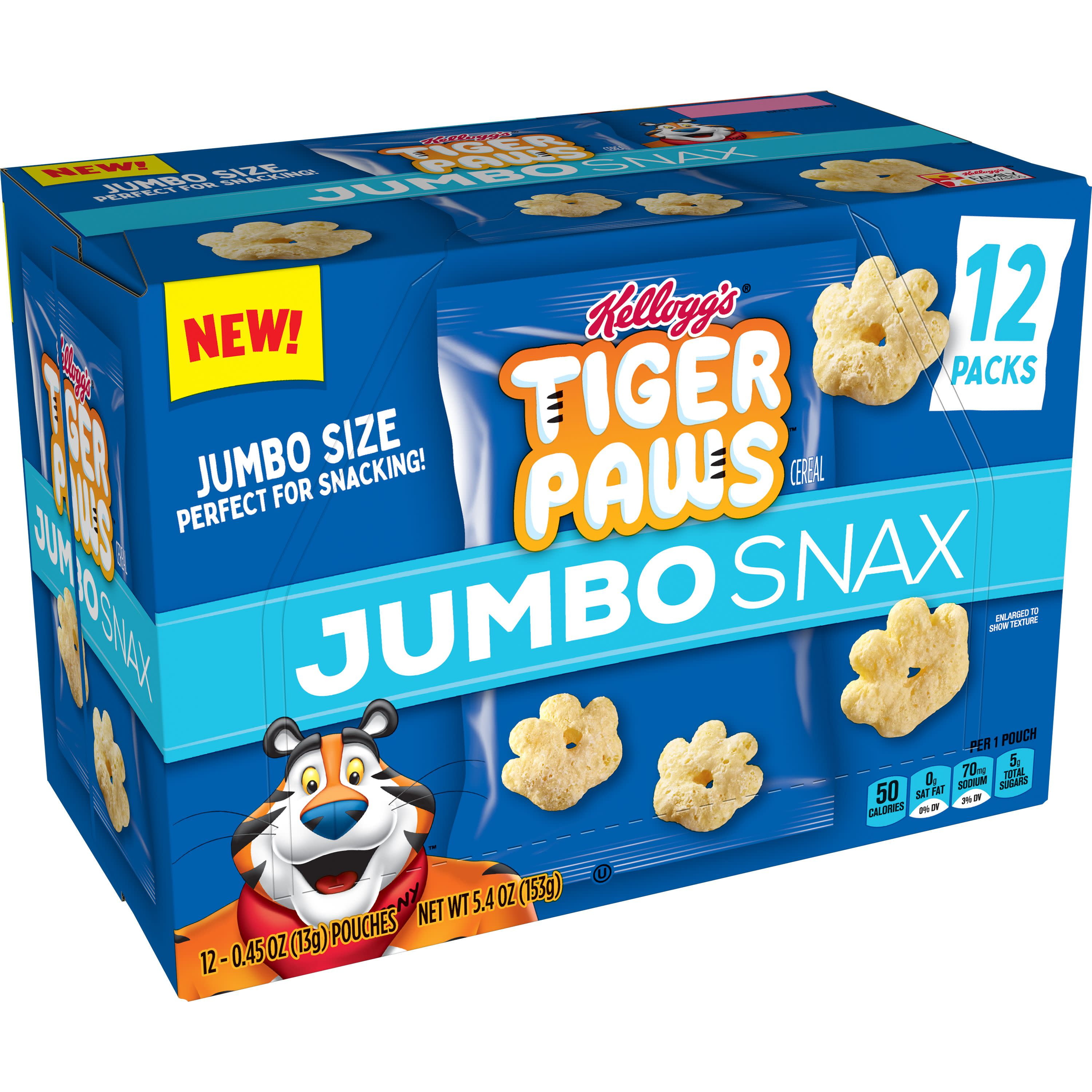 Kellogg's Tiger Paws Jumbo Snax, Cereal Snacks, Original, 12 Ct, 5.4 Oz