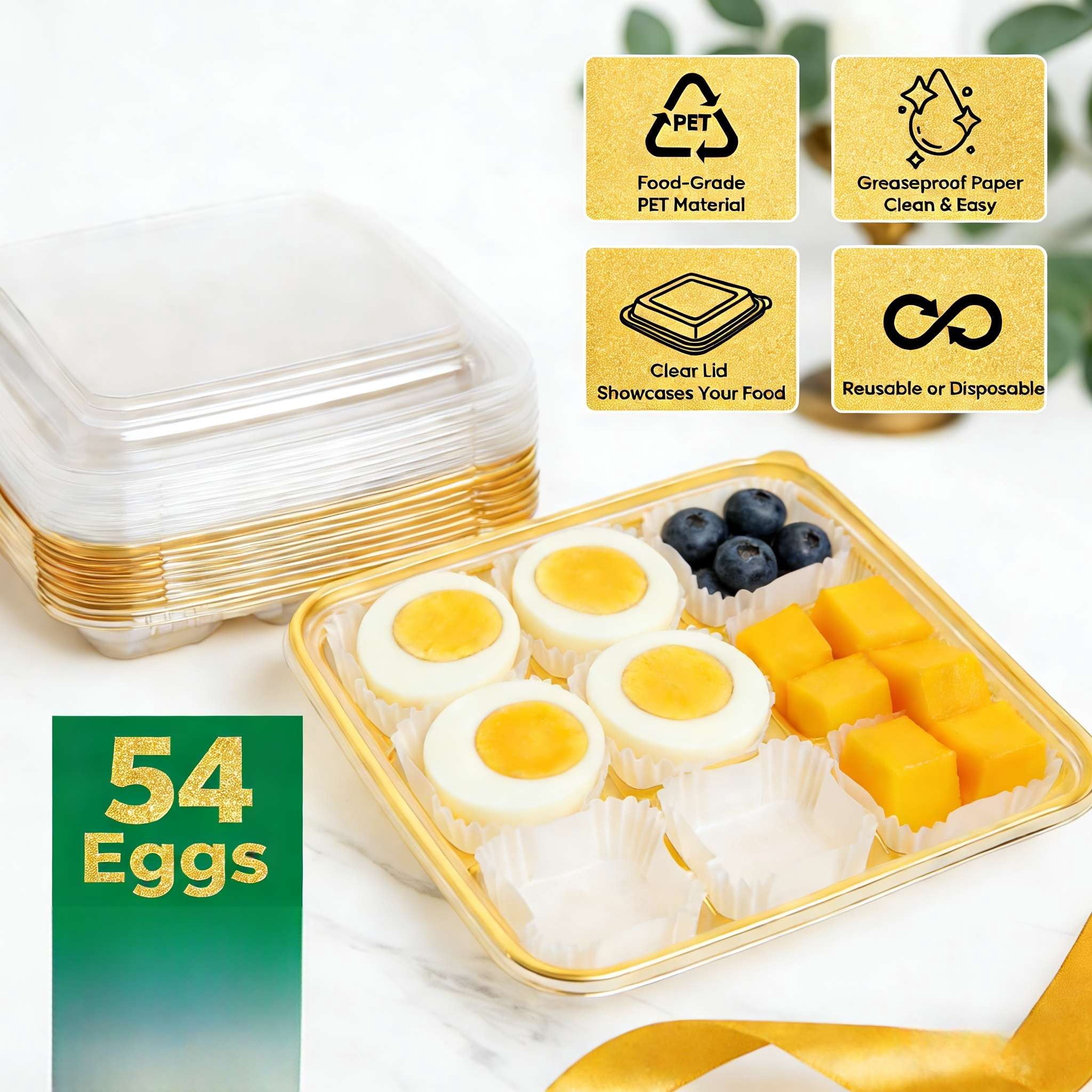 54 Eggs Clear Deviled Egg Tray with Lid, Plastic Party Serving Tray with Greaseproof Paper for Deviled Eggs, Sushi & Desserts