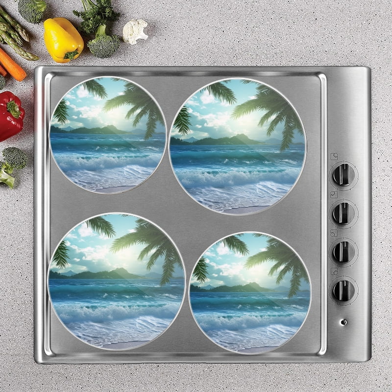 Bahomeck Electric Stove Burner Covers Set Of 4,Beautiful Tropical Beach With Palm Trees And Blue Waves Metal Gas Stove Burner Covers,Protecting Gas Stoves,8 Inch And 10 Inch
