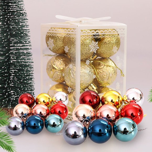 12Pcs/1 Box Plastic Ball Vibrant Color Glitter Powder Glossy Christmas Ball With Hanging Rope for Tree