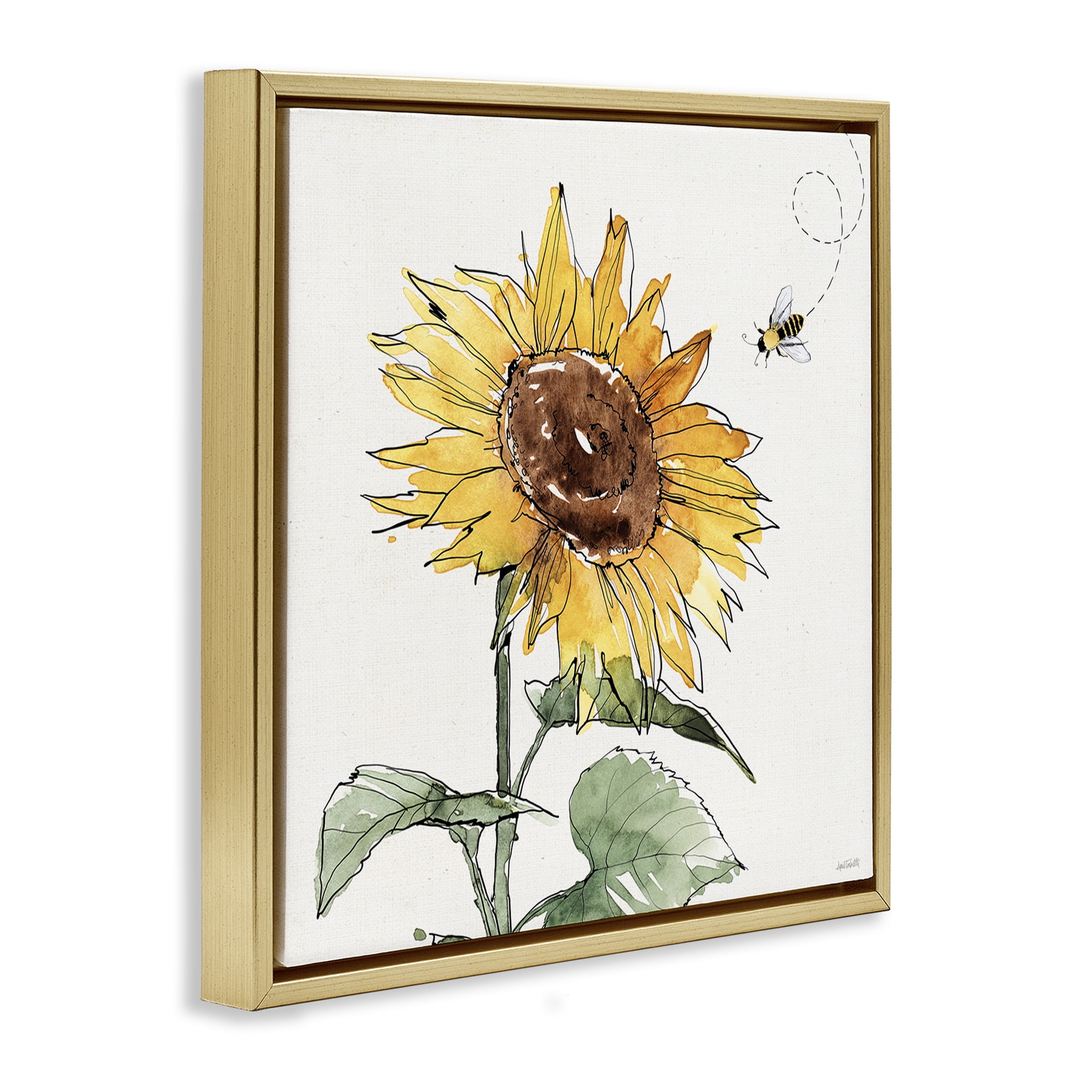 Stupell Industries Cheerful Sunflower Buzzing Bee Botanical & Floral Painting Gold Floater Framed Canvas Art Print Wall Art, 25 x 25