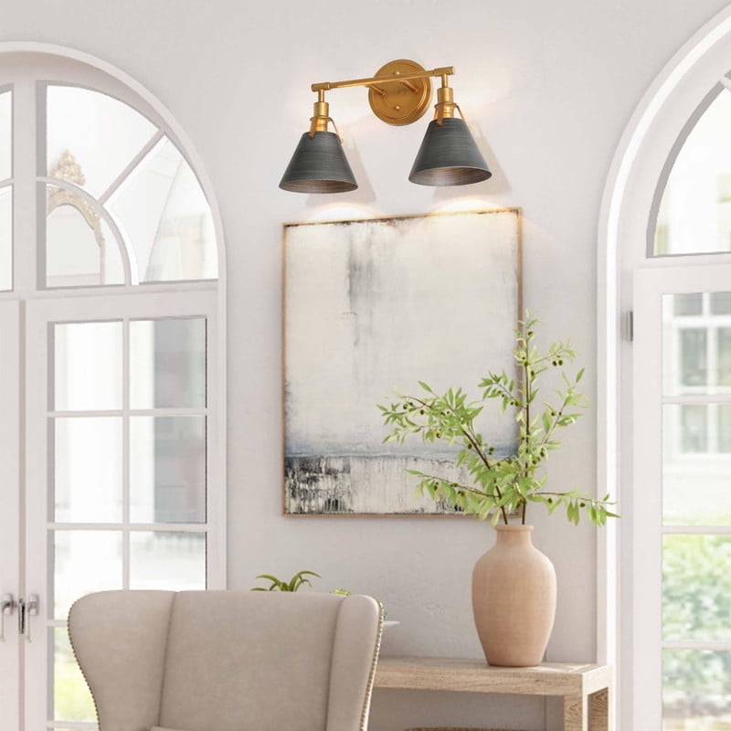 LNC 15.5-in 2-Light Brushed Gray and Gold Bell LED Modern Vanity Light for Bathroom