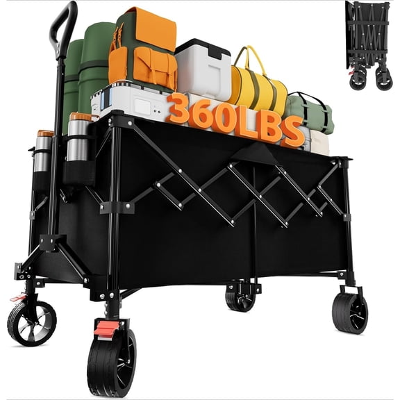 Extra Large Collapsible Wagon Carts Foldable 360LBS Heavy Duty Beach Wagons with Big Wheels & Brakes Portable Folding Cart for Shopping Grocery Utility Sports Garden Camping Outdoor