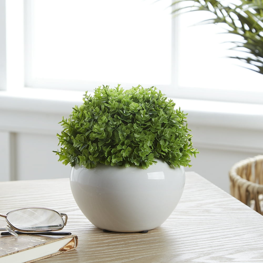 Simple Faux Potted Plant in Glossy White Ceramic Pot