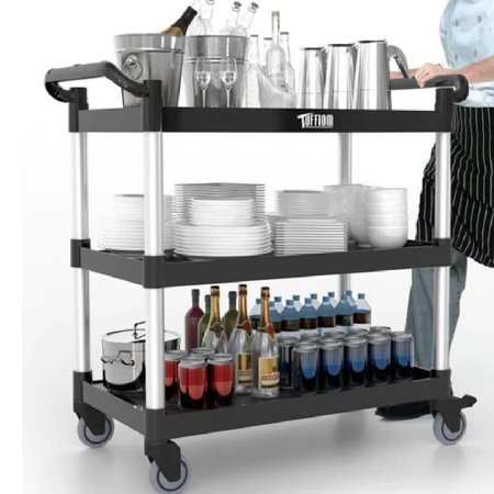 3-Tier Commercial Utility Cart with Wheels Heavy Duty Rolling Service Cart Black