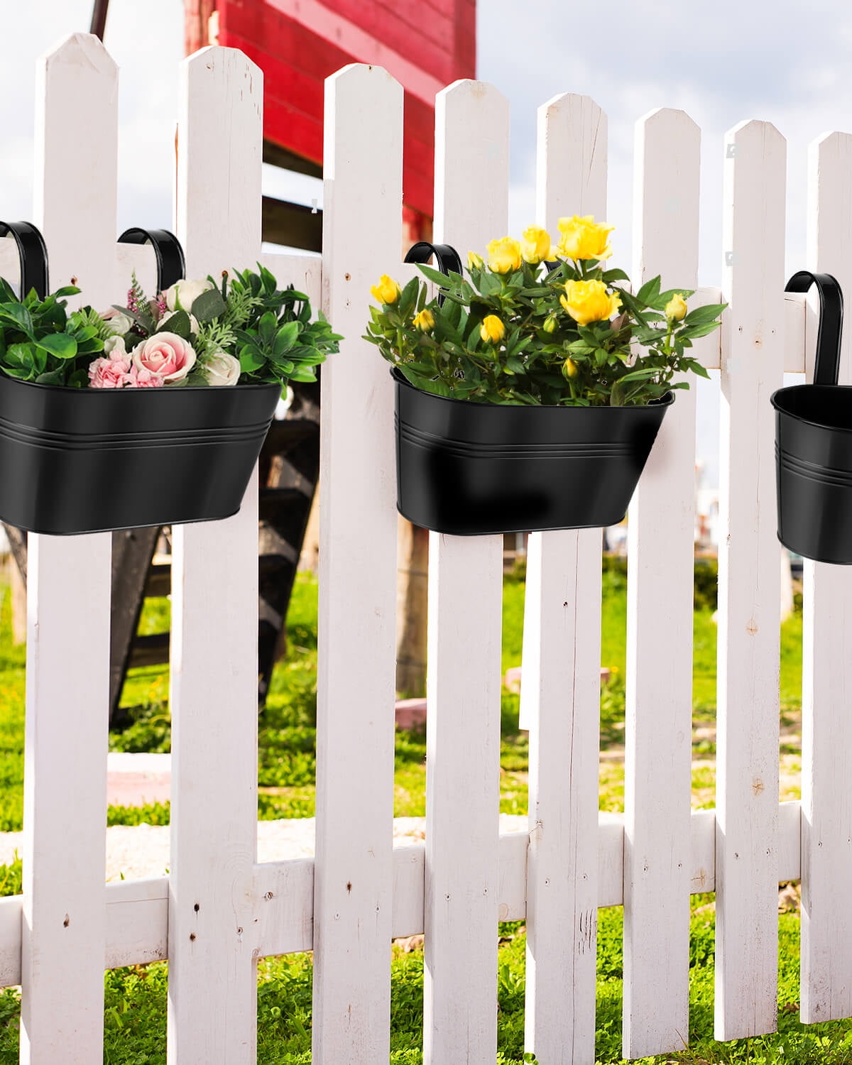 Metal Railing Planter for Outdoor Plants - 3 Pack Balcony Hanging Planter Box with Detachable Hooks and Drain Holes Oval Hanging Pots Fence Planters for Railing Garden Fence, Black