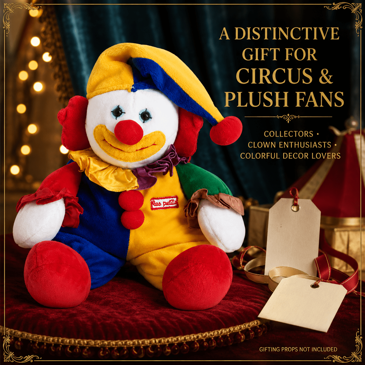 Applause Les Petits Marcel Circus Clown Plush, Multicolor Jester Stuffed Doll with Pom Pom Details and Ruffle Collar for Collectors, Shelf Decor and Gift Giving