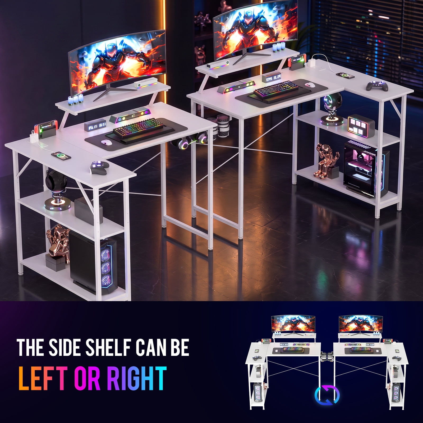 CLOUDREST PRO 42" L-Shaped Computer Desk, Power Outlets & RGB LEDs, White