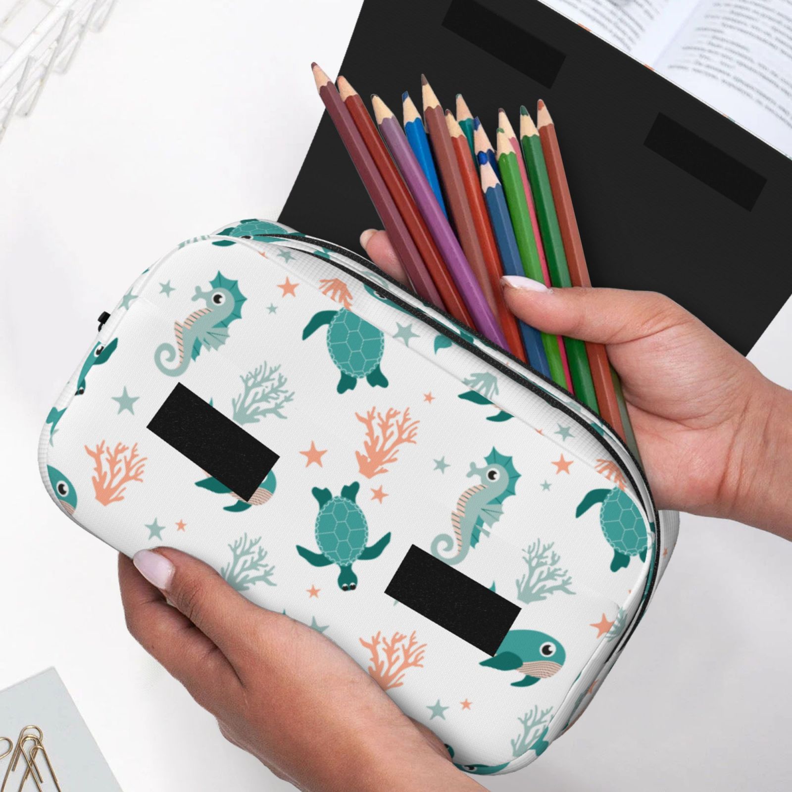 Rateoe Turtles And Seahorses Pattern Double Clamshell Pen Case, Storage Organizer with Two Zipper Compartments– Holds Up to 50 Pencils & Pens