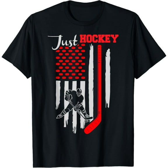 T-Shirt Vintage USA Flag Hockey Player, Just HockeyMen and women, Black T-shirt, size: Extra large S-4XL