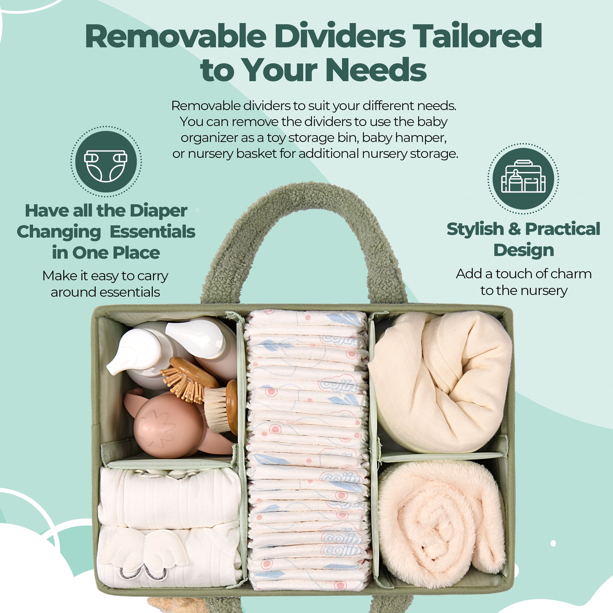 Baby Diaper Caddy Organizer for Changing Table, Portable Nursery Storage Basket Dresser Top
