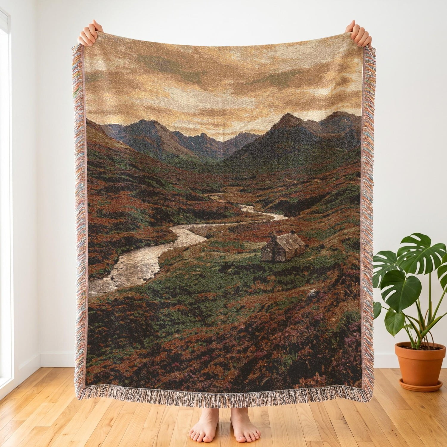Scottish Highlands Summer Woven Throw Blanket Cotton with Fringed Edges for Bedroom Accent