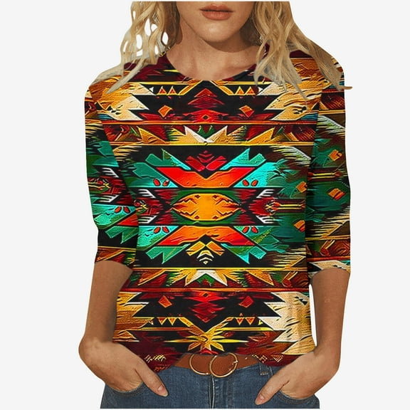 BangWanChi 3/4 Length Sleeve Womens Tops Plus Size Women's Fashion Vintage Printed T-Shirt 3/4 Sleeves Blouse Round Neck Casual Tops