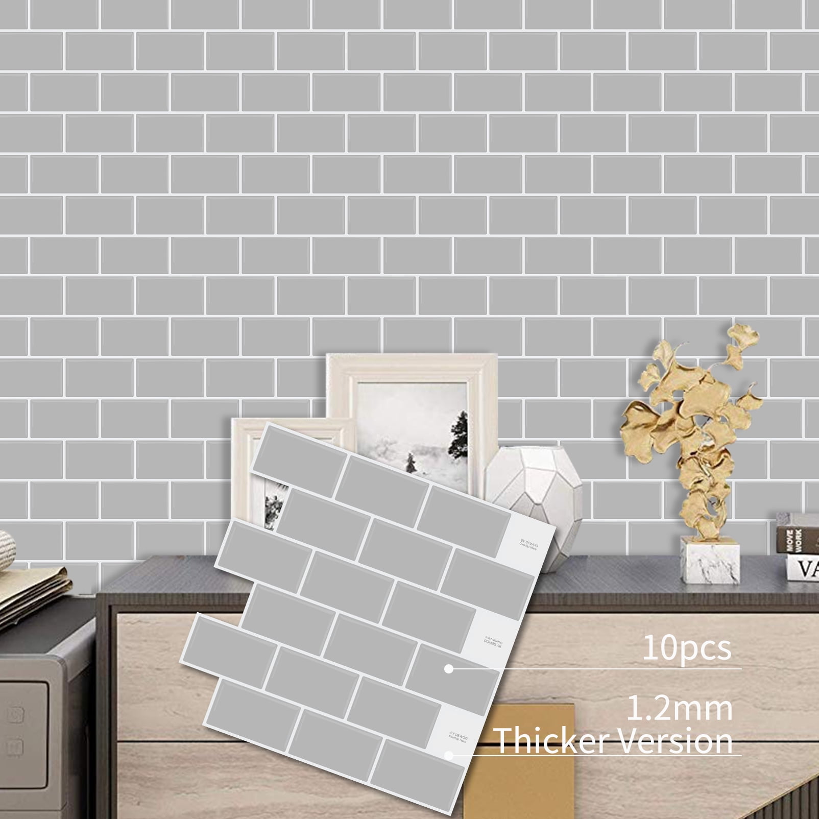 DEWOO Peel and Stick Backsplash - 10 Sheets of 12"×12" - 3D Adhesive Peel and Stick Tile Backsplash for Kitchen, Bathroom, Wall Tile, Gray
