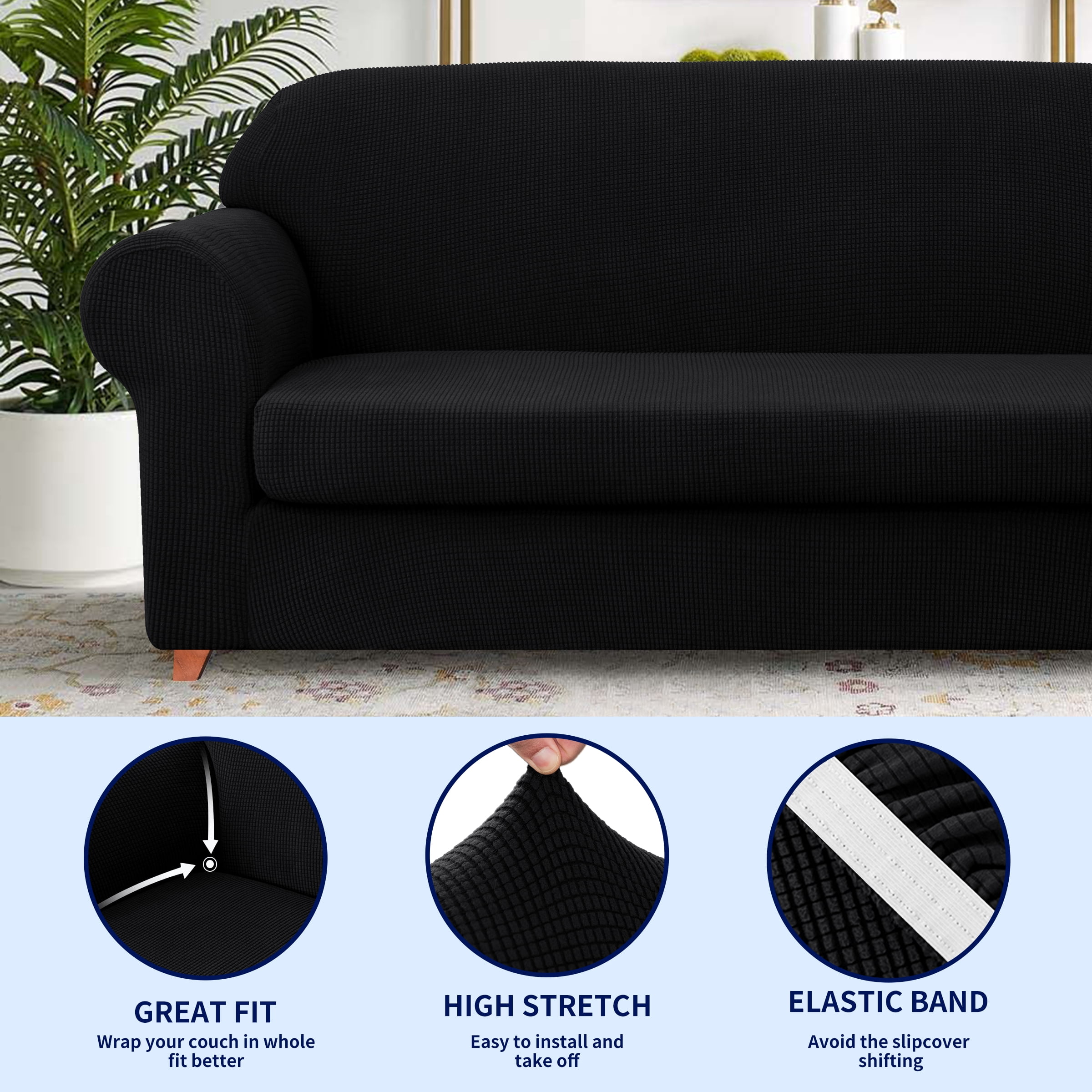 Subrtex Sofa Cover 1 Piece Slipcover with extra Stretch Cushion Seat Cover, Sofa, Black