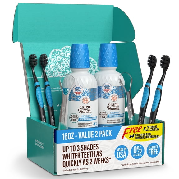 GuruNanda Oxyburst Teeth Whitening Mouthwash – Alcohol & Fluoride Free, with Hydrogen Peroxide & 7 Essential Oils, Value pack for Regular Use, Wild Mint, 16 oz - 2pk
