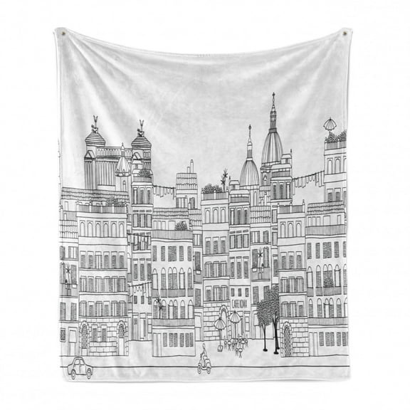 City Soft Flannel Fleece Blanket, Outline Drawing of Rome Skyline Historic Italy Architecture in Monochrome, Cozy Plush for Indoor and Outdoor Use, 50" x 70", Charcoal Grey and White, by Ambesonne