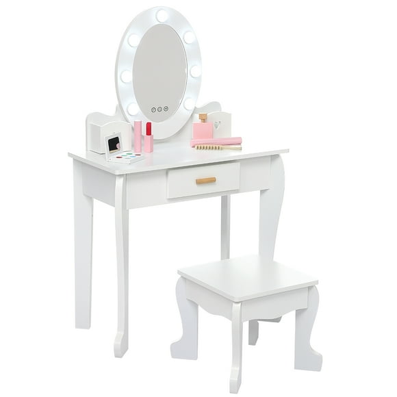 Kids' Wooden Vanity Table and Stool Set with Mirror and Light, Princess Makeup Dressing Table,Children's Furniture with Wood Makeup Playset for 4-9 Girls, White (Batteries Not Included)