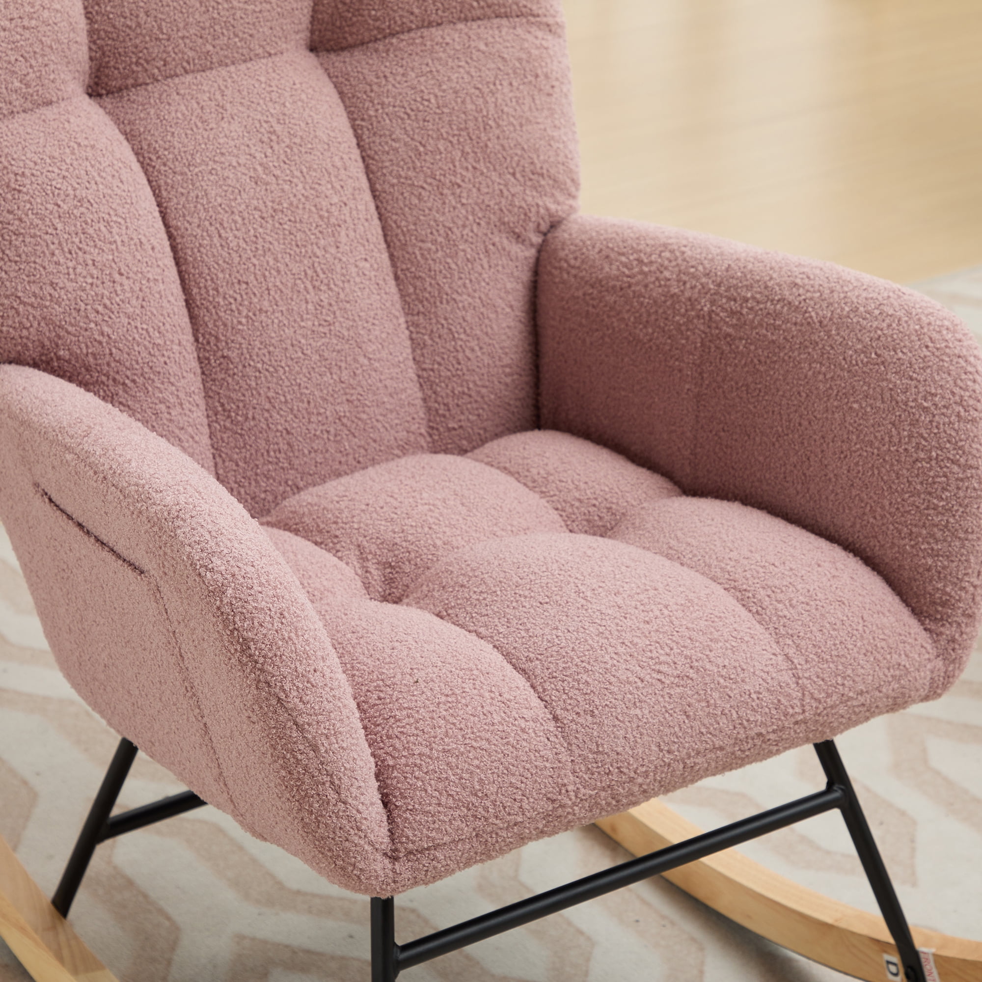 BISHE Modern Nursery Rocking Chair Upholstered Glider Chair with High Backrest Rocker Accent Armchair with Solid Wood Legs for Nursery Bedroom Living Room Teddy, Pink