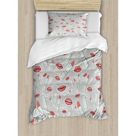 - Doodle Duvet Cover Set, Make Up Pattern Lips and Lipstick Fashion Girl Theme Beauty Treatment Cosmetic Design, Decorative Bedding Set with Pillow Shams, Red Grey, by Ambesonne