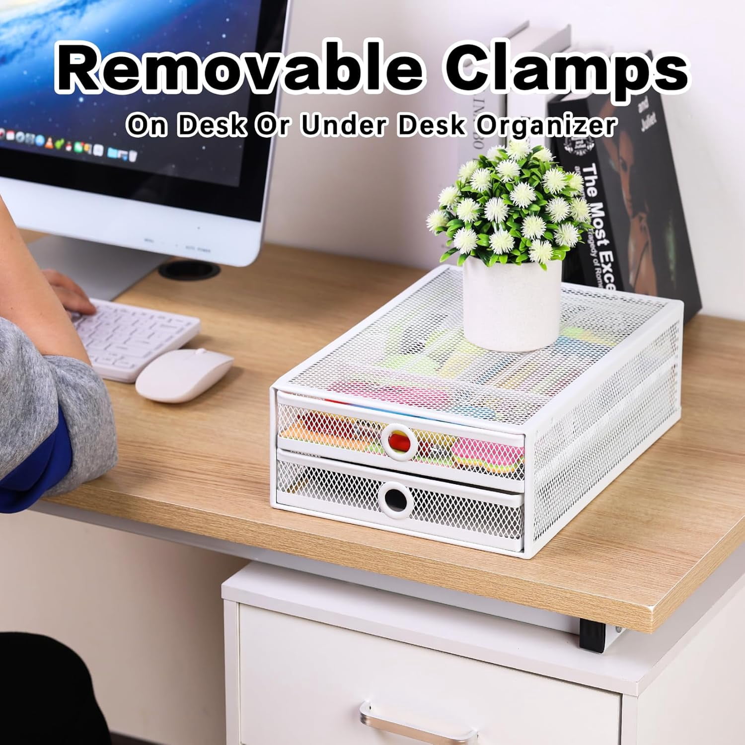 Under Desk & Desktop Drawer Organizer - 2-Tier Metal Slide Out Drawers Organizer, Storage for Home Office Desk (White)
